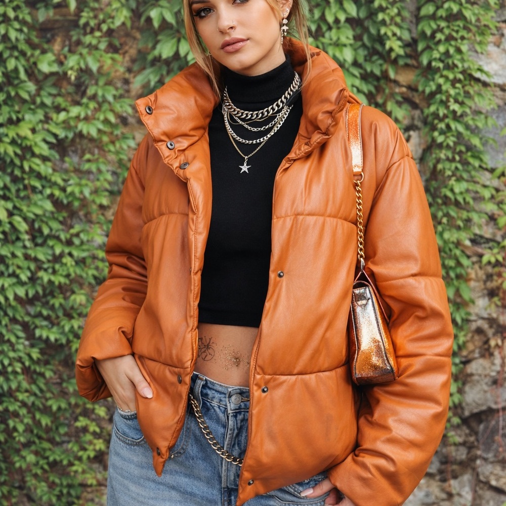 NVTL Burnt Sienna Vegan Leather Streetwear Snap-Front Puffer Jacket, M